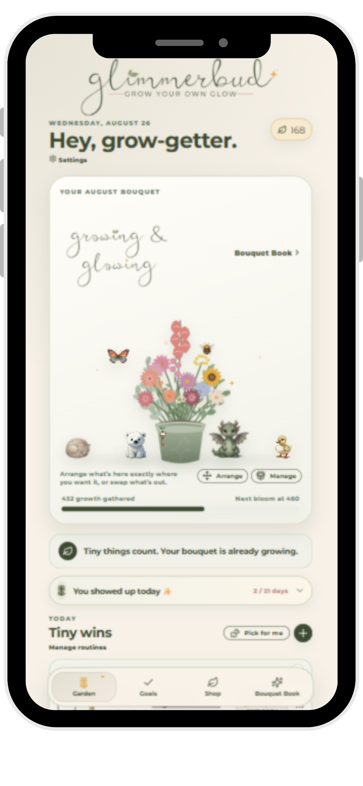 Glimmerbud app shown on a phone