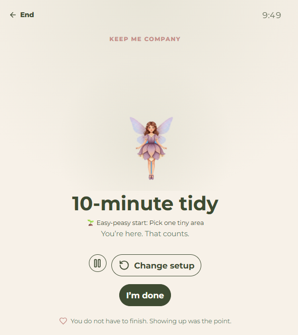 Keep Me Company gentle body doubling screen