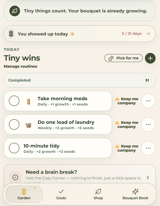 Glimmerbud Tiny Wins task list